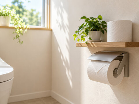 朝の光が差すトイレとトイレットペーパーの予備
