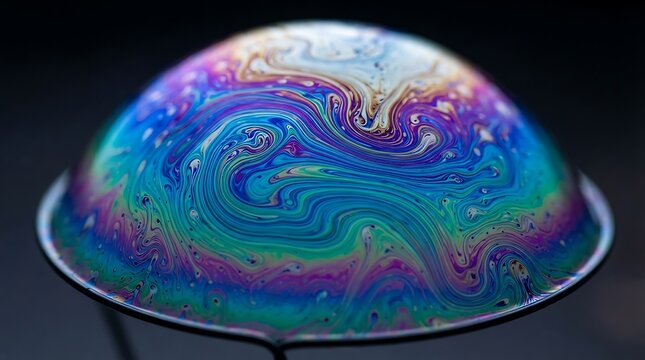 Iridescent soap bubble surface showing swirling rainbow colors and liquid patterns