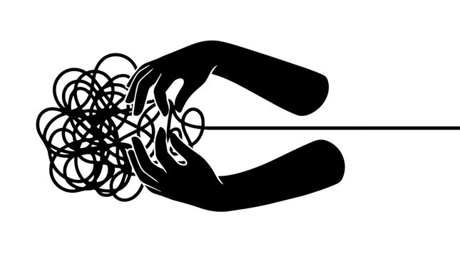 Hands untangling a messy knot of thread into a straight line