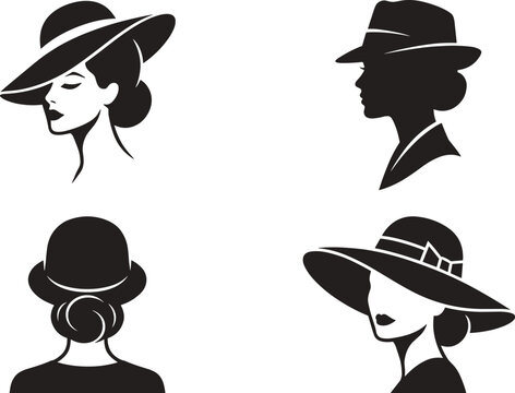Elegant women silhouette vector collection featuring stylish female portraits wearing classic hats, fedoras, bowler hats, and hair buns.