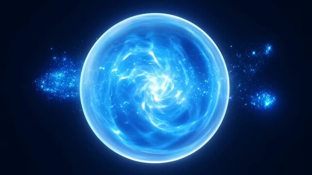 Abstract Blue Energy Orb: A mesmerizing blue orb pulsates with ethereal energy, its swirling core radiating light and scattering particles in a cosmic dance against a dark backdrop.