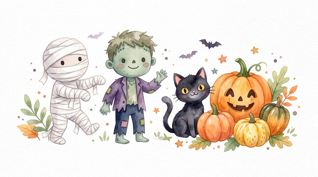 Group of cute Halloween characters including mummy zombie black cat and pumpkins.