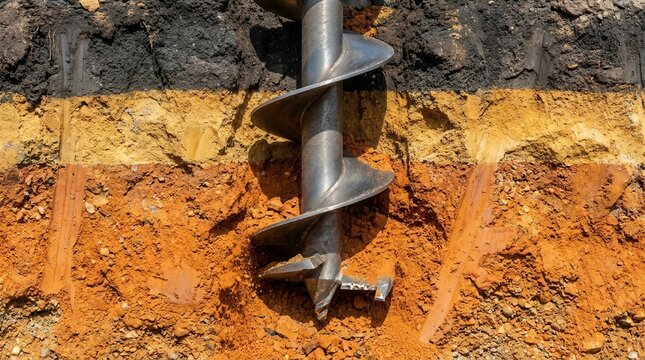A cross-section of geological layers and earth strata being penetrated by an auger drilling into layered soil