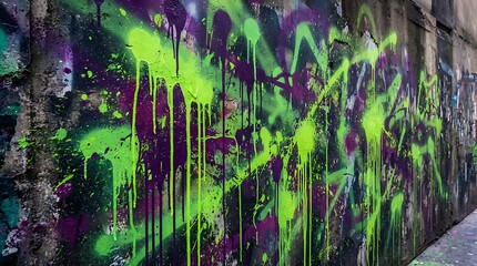 Obraz premium Vibrant neon green and purple graffiti spray paint on concrete wall