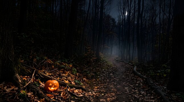 Spooky Halloween jack o lantern glowing in a dark misty forest path