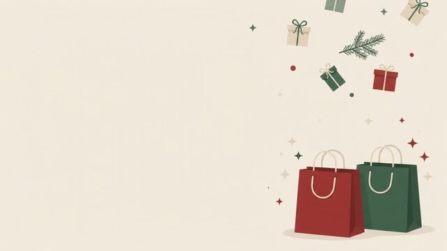 赤と緑のショッピングバッグからギフトが飛び出すクリスマスセールとホリデーショッピング
