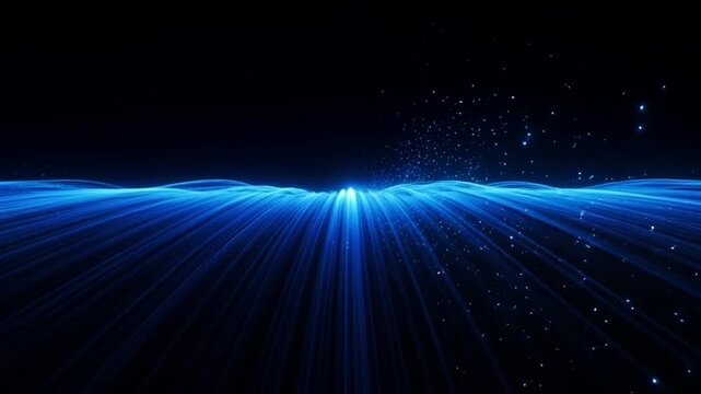 Blue Digital Wave: A mesmerizing abstract digital wave with glowing blue light rays emanates from a central point against a dark backdrop.