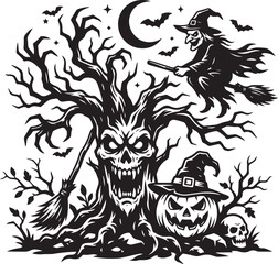 Fototapeta premium halloweenSpooky Haunted Tree and Flying Witch Halloween Scene