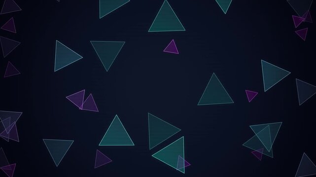Abstract dark background with floating neon blue and purple translucent triangles for modern tech and gaming graphic design projects