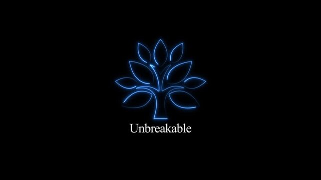 Neon glowing tree of life animation with unbreakable text minimalist blue light effect on black background