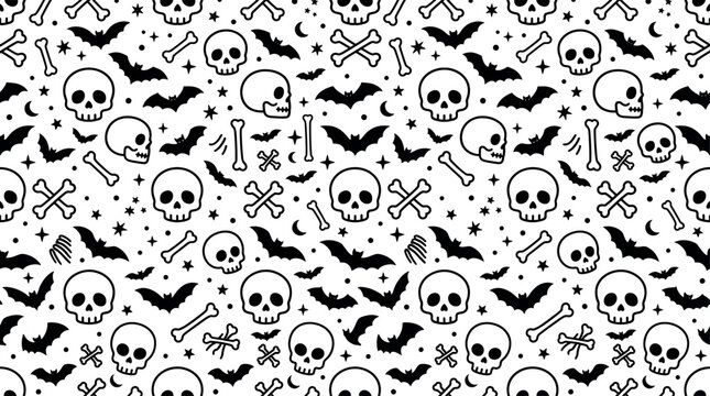 Halloween seamless pattern featuring skulls bats bones and crescent moons on a white background