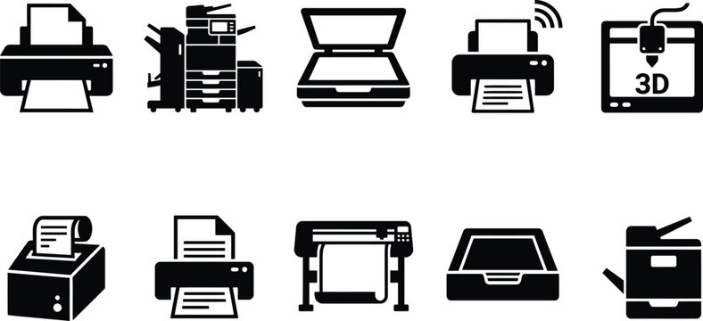 Printer and Scanner Vector Icon Set, Office Multifunction Copier, 3D Printer, Plotter, Wireless Printing Hardware, Flat Isolated Symbols for UI Web Design