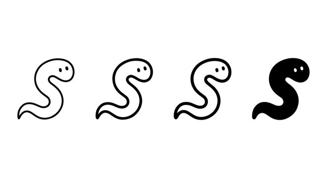 Worm Icons Set, Simple Outline and Solid Black Vector Graphics, Cute Cartoon Creature Illustrations