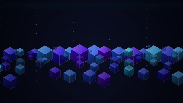 Abstract 3D digital background featuring floating geometric cubes in vibrant blue and purple gradients for modern technological data visualization