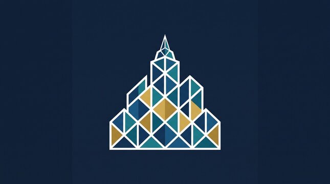 Set of abstract geometric city building logo. Modern mosaic skyline made of triangles and diamonds with blue, teal, navy and gold color palette and white outline. Minimalist flat vector business icon 