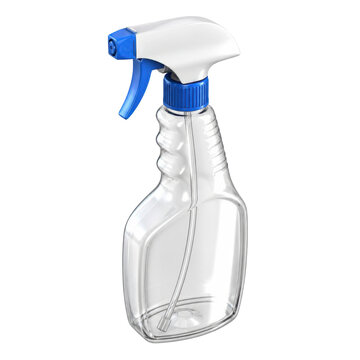 Isolated empty clear plastic spray bottle with blue trigger nozzle, ideal for household cleaning products and liquid dispenser mockups.