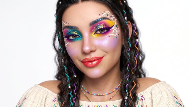 Young Woman with Vibrant Festival Makeup and Braided Hair Adorned with Colorful Threads and Gems