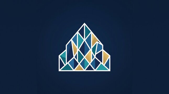 Set of abstract geometric city building logo. Modern mosaic skyline made of triangles and diamonds with blue, teal, navy and gold color palette and white outline. Minimalist flat vector business icon 
