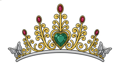 Elegant golden tiara adorned with emeralds rubies and butterflies © Darogali
