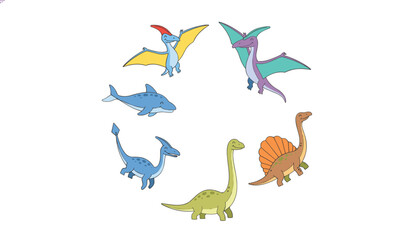 Collection of various colorful cartoon dinosaurs arranged in a circle © Darogali