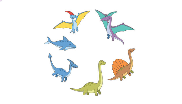Collection of various colorful cartoon dinosaurs arranged in a circle
