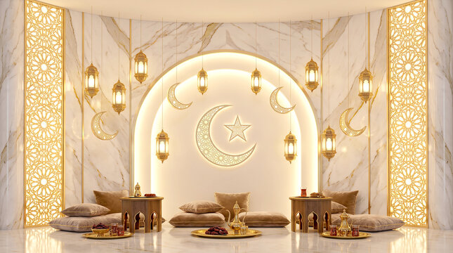 Elegant arabic style interior design with golden lanterns and archway