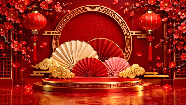 Red background for lunar new year featuring traditional folding fans and golden pedestal