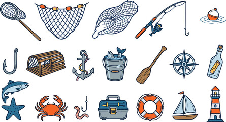 Fishing equipment vector icons set featuring rod net hook anchor bucket boat crab lighthouse tackle box marine elements © Marufa