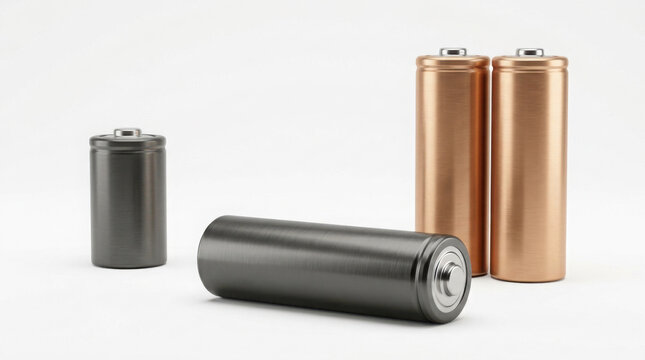 Four cylindrical batteries standing and lying on a background, battery generated using ai