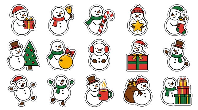 Collection of whimsical snowman faces with various winter holiday themed accessories