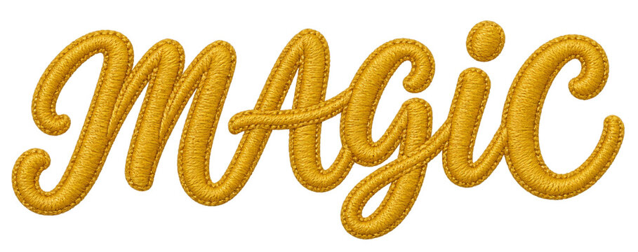 Golden embroidered word magic in a cursive script font isolated on a plain white background