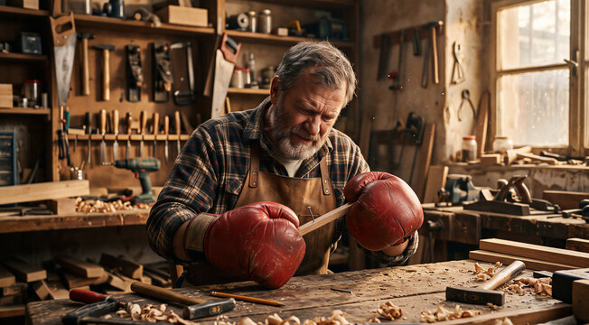 3D realistic scene of a veteran carpenter in his workshop attempting precision woodwork wearing heavy red boxing gloves. Visual concept for wrong equipment, clumsy approach, and lack of skills.