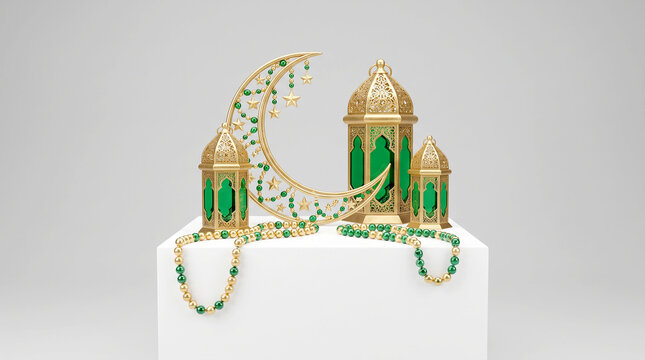 Decorative ramadan lanterns and crescent moon ornament on white pedestal