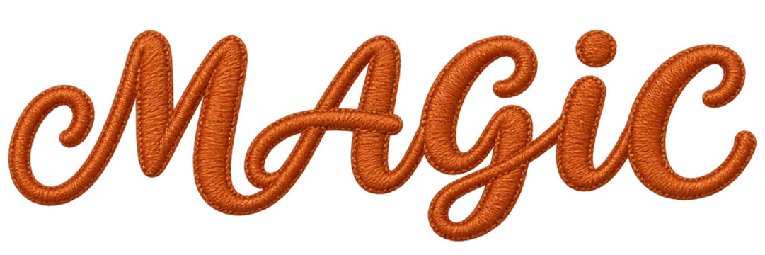 Orange embroidered word magic in a cursive script font isolated on a clean white background