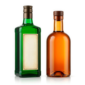 Two glass liquor bottles with one green rectangular bottle and one amber rounded generated using ai