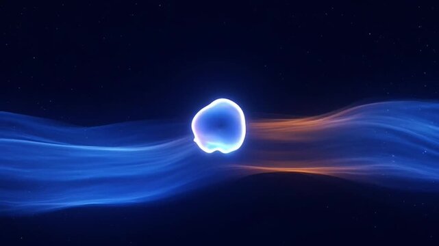 Abstract Plasma Energy Orb: A vibrant blue plasma energy orb pulses with light, surrounded by flowing waves of blue and orange energy against a dark, star-speckled background.