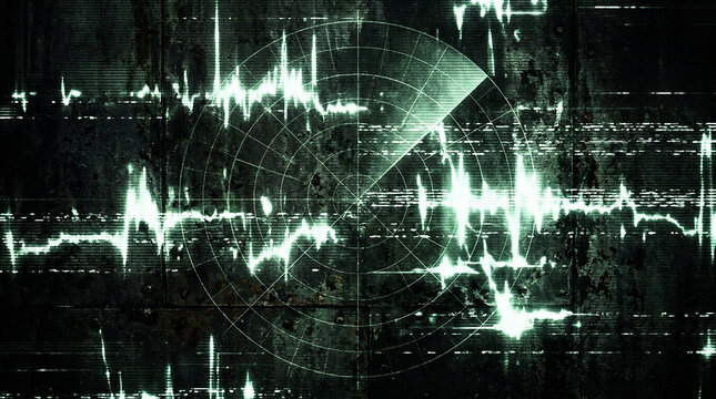Abstract Digital Signal Display with Radar Scope and Glitch Effect on Grungy Background
