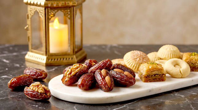 Traditional arabic dates and sweets served with a decorative lantern