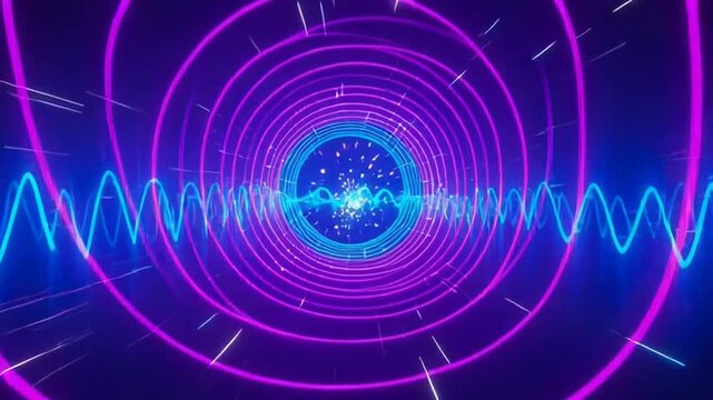 Vibrant Sonic Tunnel: An abstract digital illustration depicts a mesmerizing tunnel formed by concentric neon rings, pulsating with vibrant purple and blue light.