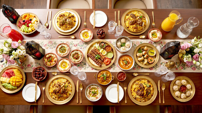 Top view of a festive dining table filled with delicious dishes