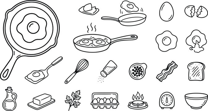 Fried eggs breakfast cooking line art vector icons set with frying pan spatula ingredients kitchen utensils elements