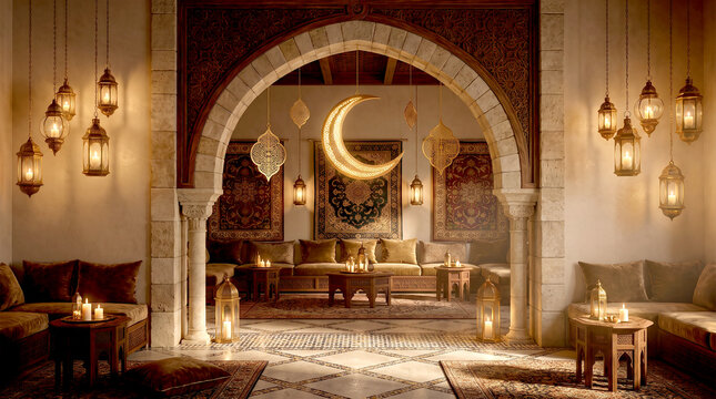 Elegant arabic interior decorated for ramadan with glowing crescent moon