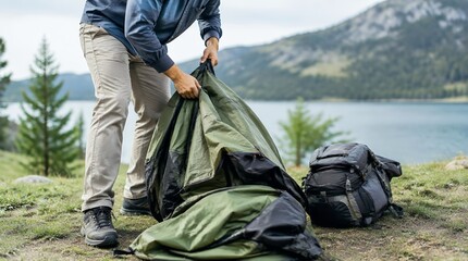 Fototapeta premium Hiker setting up a green tent by a scenic alpine lake during a mountain camping trip.