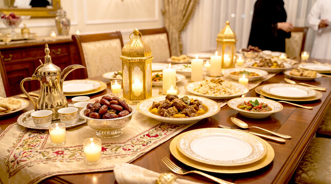 Traditional iftar dinner table setting for ramadan celebration at home