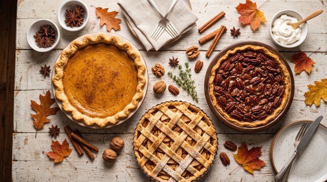 Thanksgiving pies food photo with pumpkin pie, pecan pie, and apple pie on rustic table