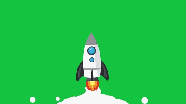 Cartoon Rocket Launch Animation on Green Screen. Flat Design Spaceship Rises With Flame and Smoke Cloud, Then Blasts Off Upward Leaving Smoke Trail. Chroma Key