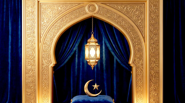 Golden islamic archway with glowing lantern and crescent moon decor