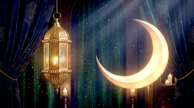 Golden ramadan lantern hanging beside a glowing crescent moon background