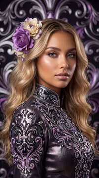 A stunningly beautiful tanned blonde woman with purple and cream roses in her wavy hair wears a richly embroidered dark jacket featuring crystals