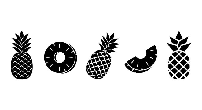 Pineapple Icons Set, Tropical Fruit Vector Graphics, Summer Food Elements, Fresh Sweet Slices